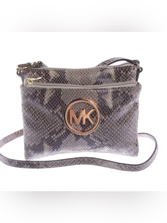Michael Kors Handbags - Michael Kors Snake-Print Gray Crossbody with Gold MK Emblem